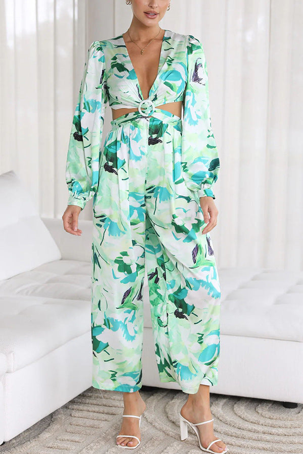 Women's Casual Backless Print Jumpsuit