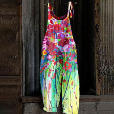 Women's Printed Street Hipster Fashion Multi-color Cotton And Linen Suspender Jumpsuit