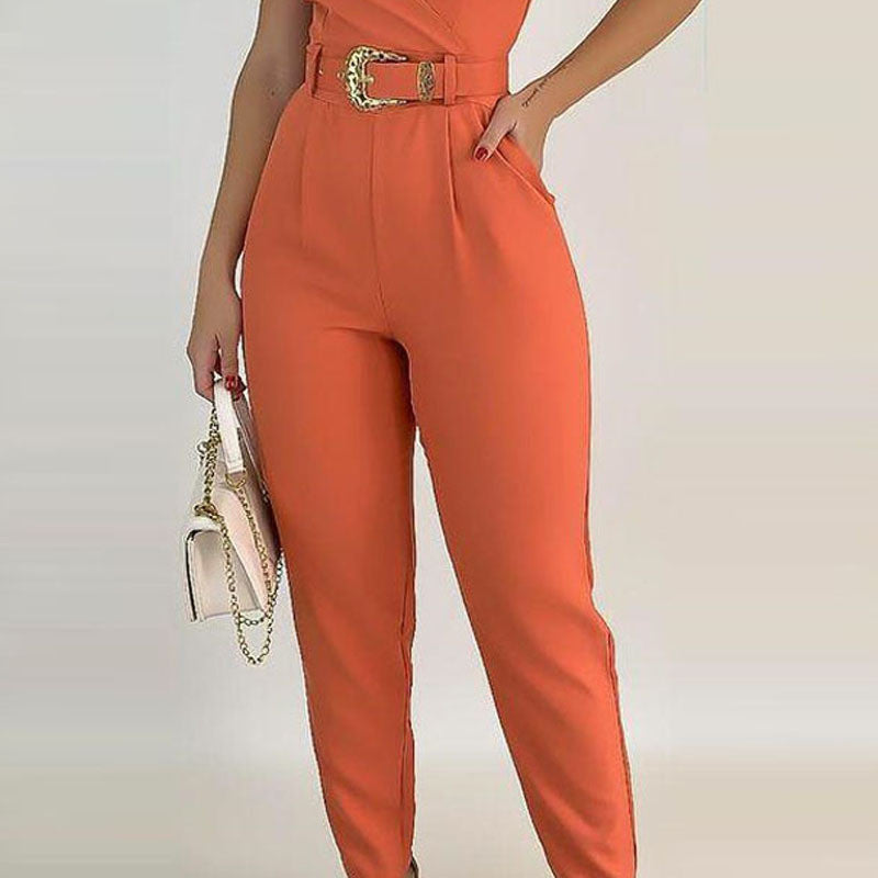 Chic V-Neck Tie Waist Slimming Jumpsuit for Women
