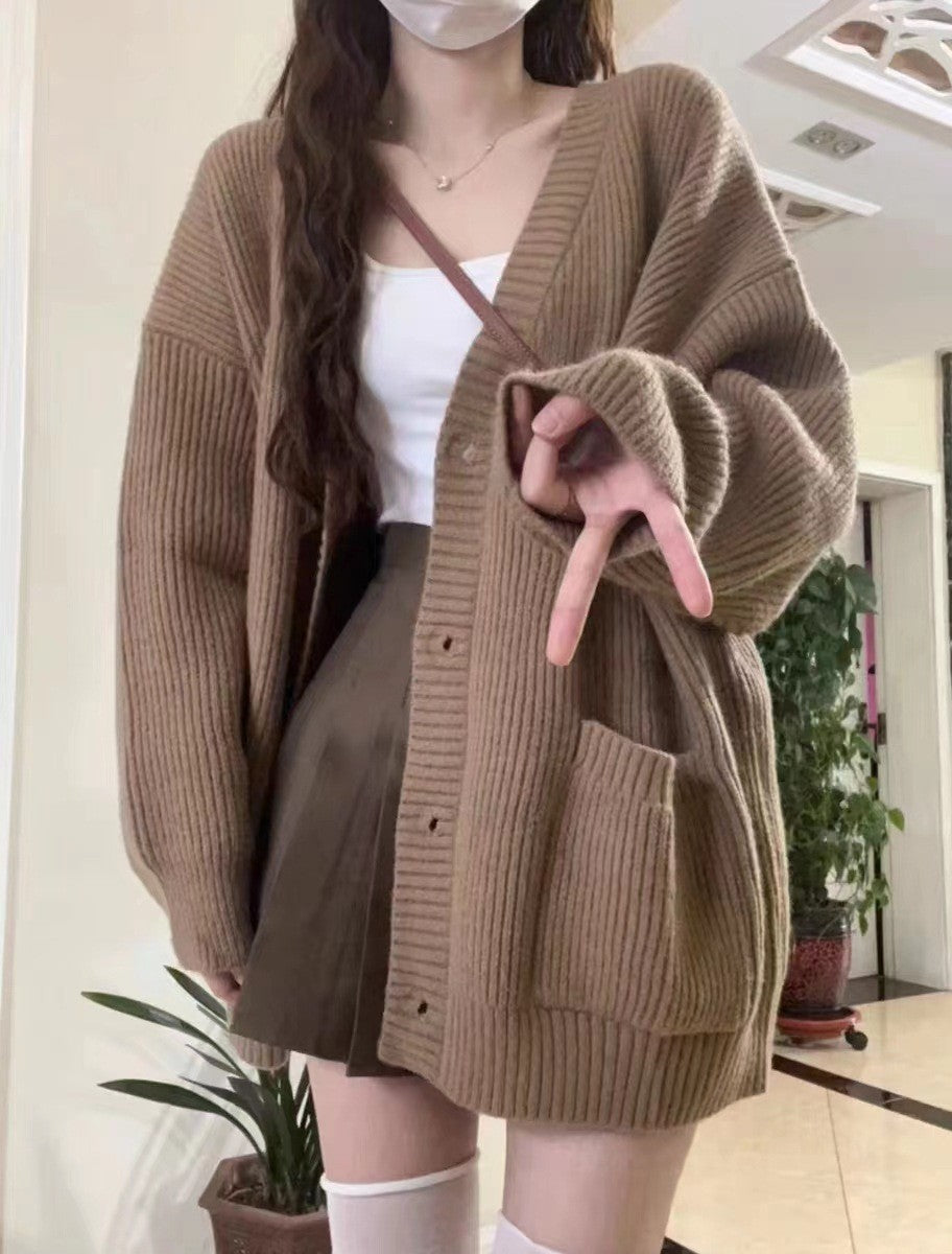 Womens Solid-color Loose-fit Korean-style Knitted Sweater