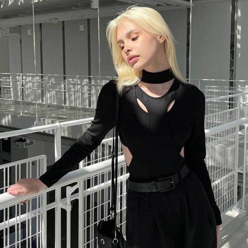 Sexy Cutout Design Stitching Fake Two-piece Stand Collar Thread Slim Solid Color Long Sleeve Base Bodysuit