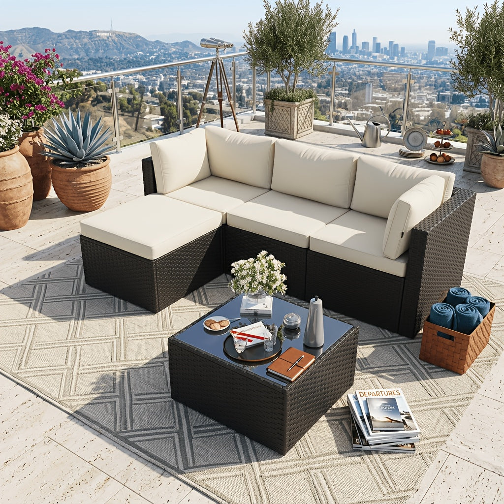 Discount! 5pcs L-Shaped Rattan Patio Sofa Set with Cushions, Glass Coffee Table And Ottoman, Perfect for Patio, Backyard, Garden, Balcony, Terrace, Poolside, Porch, Villa Outdoor Areas, Homestays, And Restaurant Outdoor Lounges