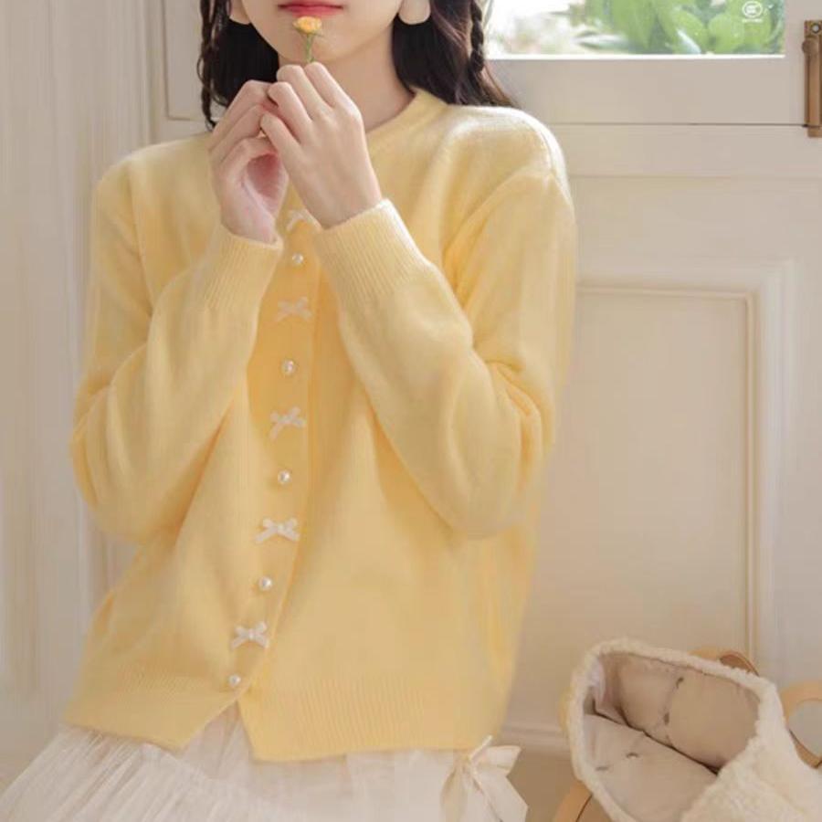 Women's Solid Color Spring and Autumn Bow Pearl Button Sweater
