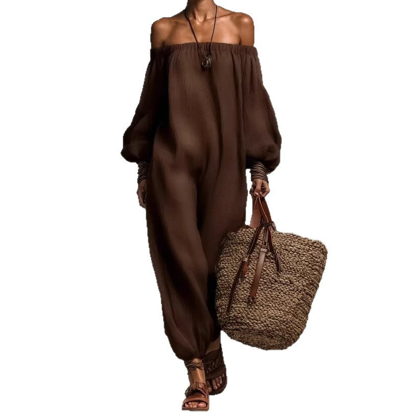 Summer Solid Colored Cotton Linen Off Shoulder Jumpsuit Harem Pants