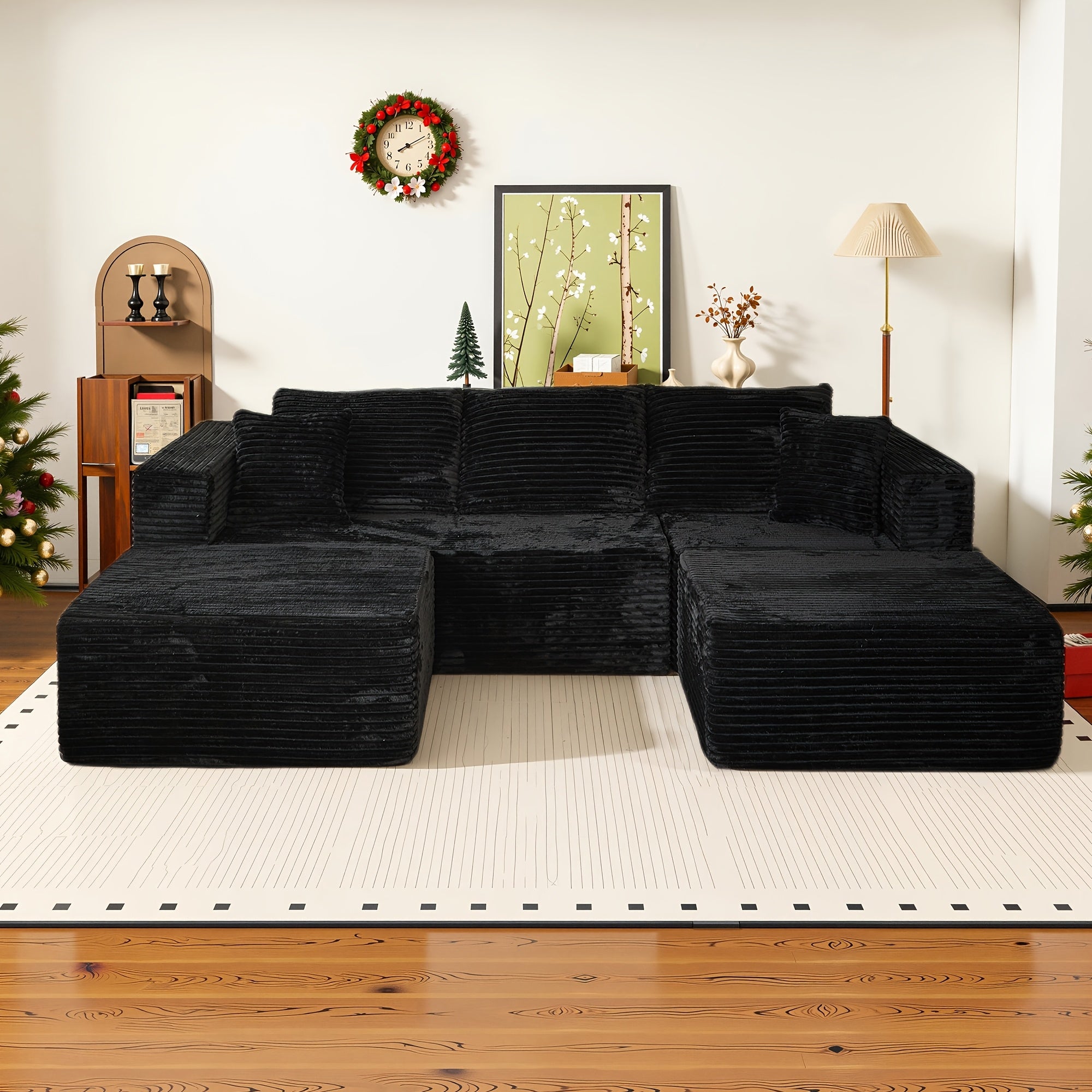 Modular L-shaped chaise longue sofa bed with deep seat and corduroy upholstery