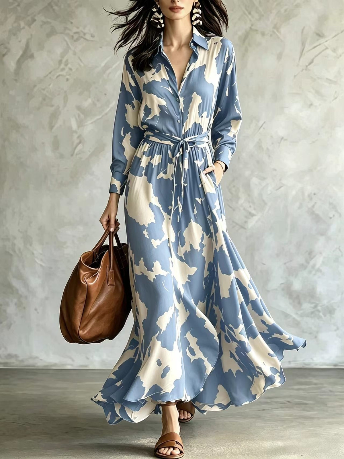 Chic Cow Print Long Sleeve Maxi Dress with Cinch Waist