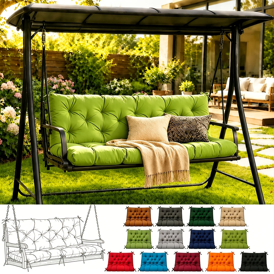 Porch Swing Cushions, Outdoor Replacement Cushions with Backrest, Waterproof Bench Cushion with Ties, for Patio Porch Garden Backyard, 5In 60 Inch 3 Seater, Sky Blue 60 X 40In 47 X 40In 40 X 40In