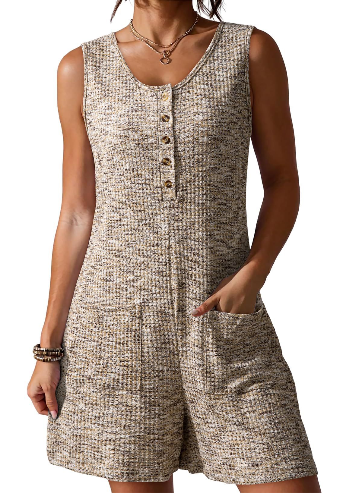 Womens Loose Waffle-Weave Tank Top Wide-Leg Jumpsuit