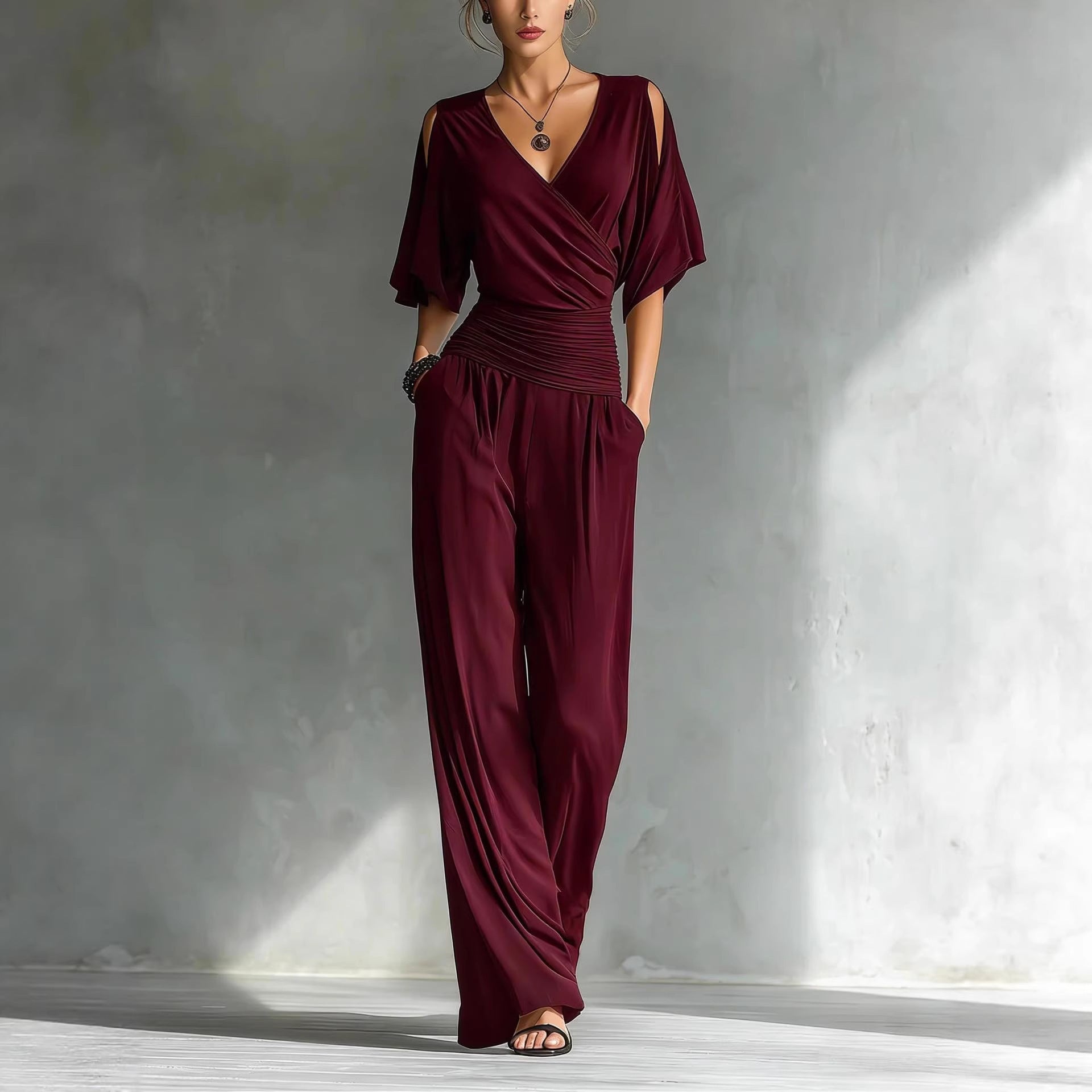 Stylish Elegant Off-Shoulder V-Neck Slim-Fit Jumpsuit For Women