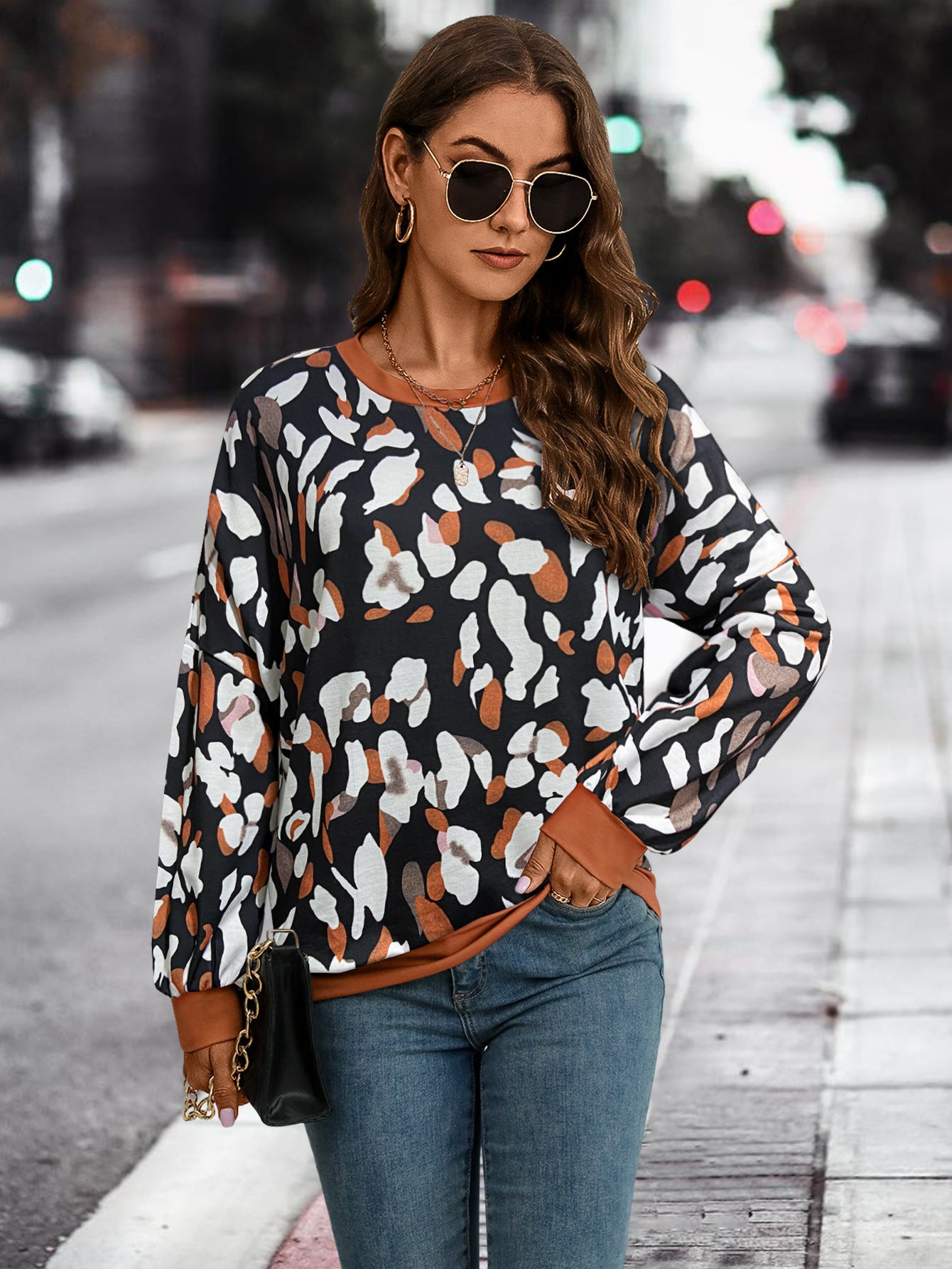 Chic Lantern Sleeve Printed Sweater for Casual Daily Wear