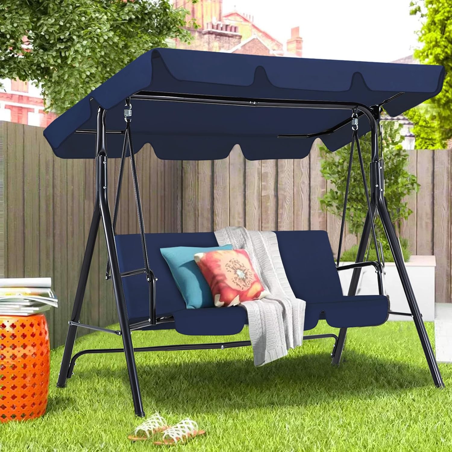 Outdoor Patio Swing Chair, 3 Seat Porch Swing with Adjustable Awning, Outdoor Swing Bench with Removable Cushions for Backyard, Garden, Patio, Poolside, Balcony