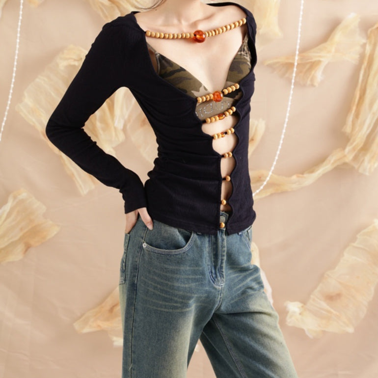 Retro Wooden Bead Slim Fit Top