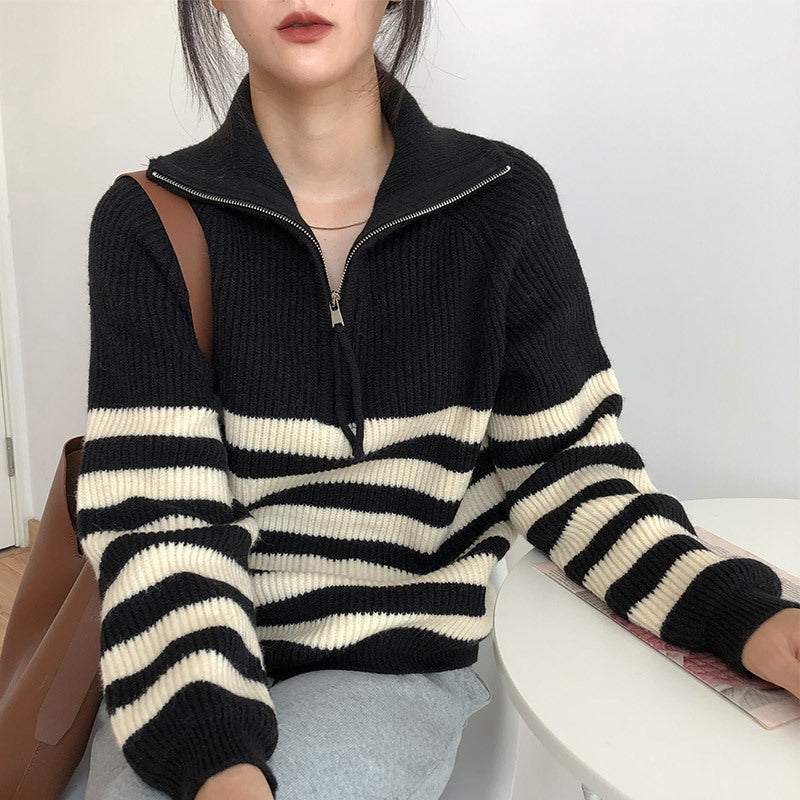 Women's Zipper Striped Sweater Japanese Soft Glutinous Idle Style