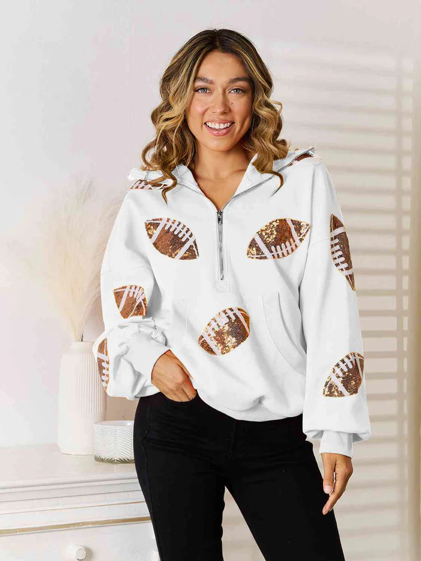 Rugby Sequined Hooded Sweater Zipper Drawstring Long Sleeve Coat Top