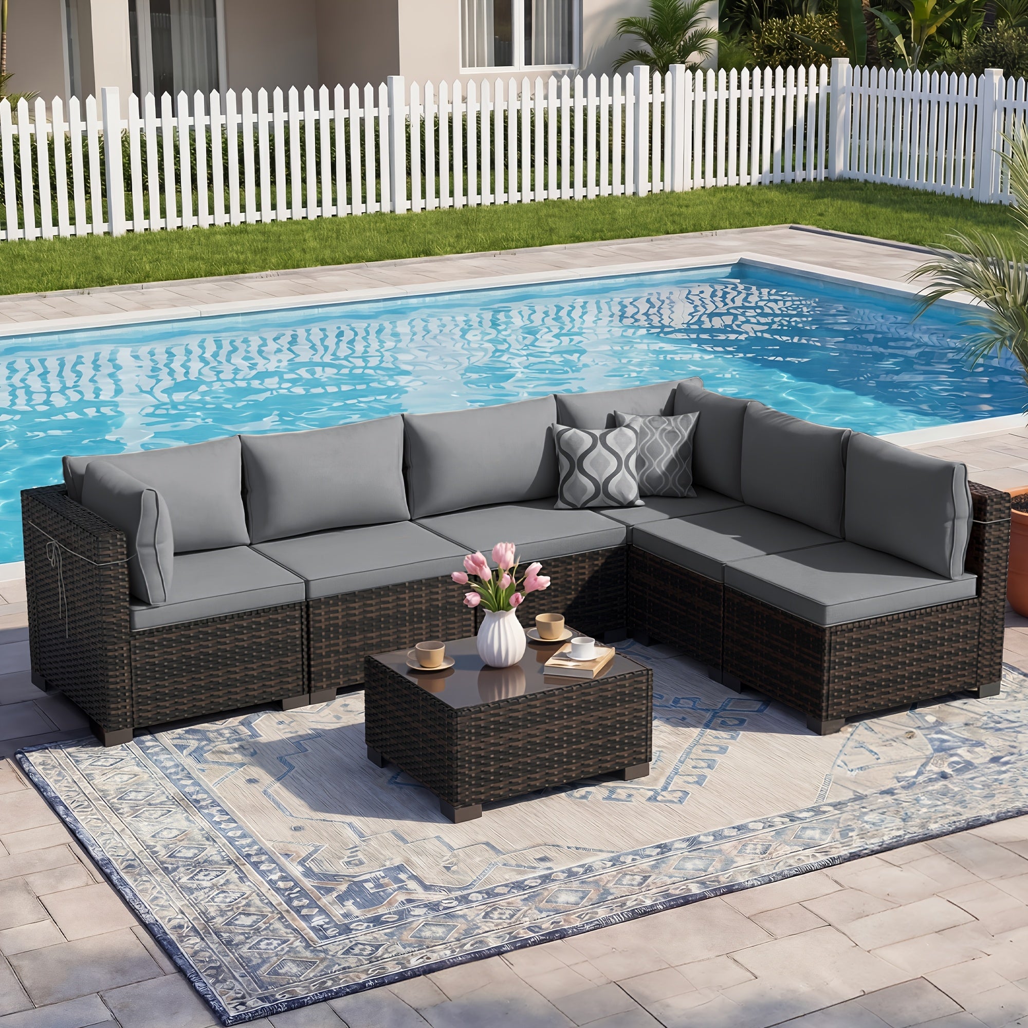 [Outdoor Patio Sets] LEVELEVE 6/7/9pcs All-Weather Outdoor Patio Furniture Sets, Rattan Conversation Sectional Set, Manual Weaving Wicker Patio Sofa with Tea Table
