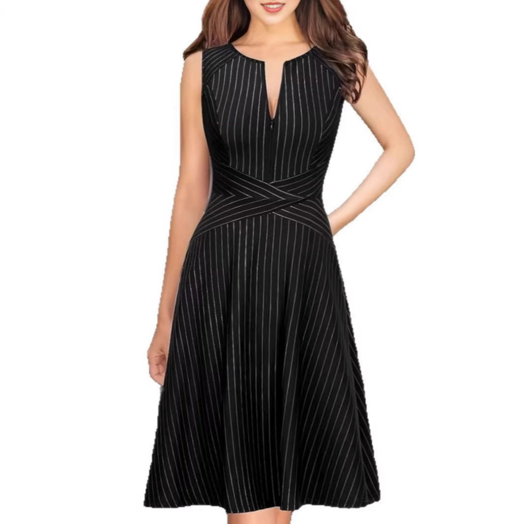 Sleeveless Waist-cinched A-line Dress with a Deep V-neck