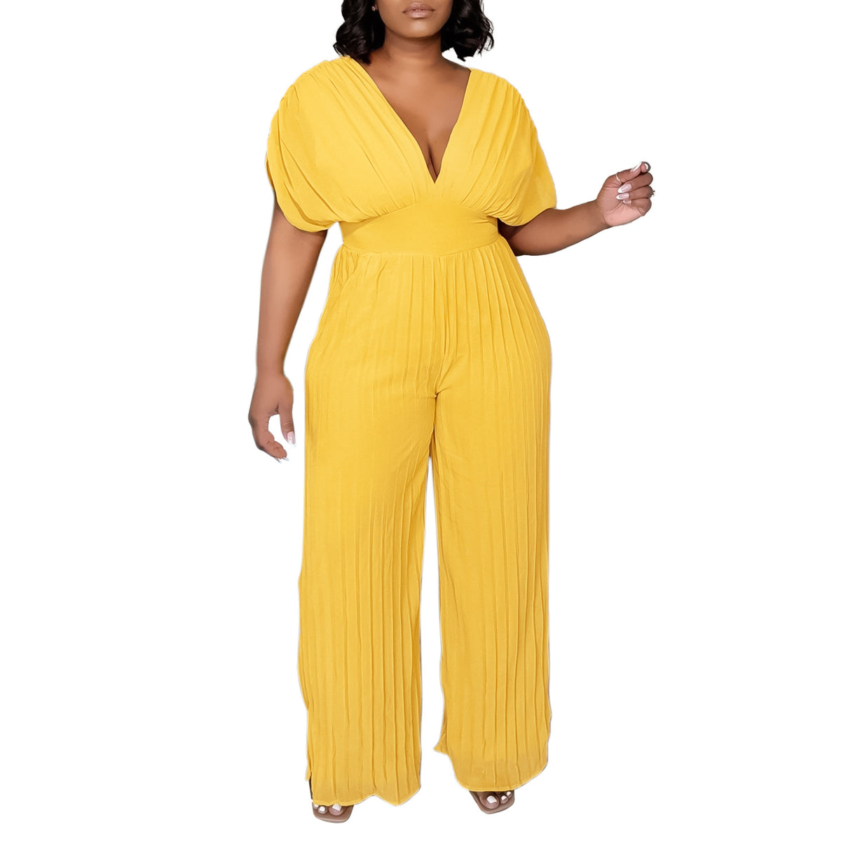 Elegant V-Neck Pleated Wide-Leg Jumpsuit