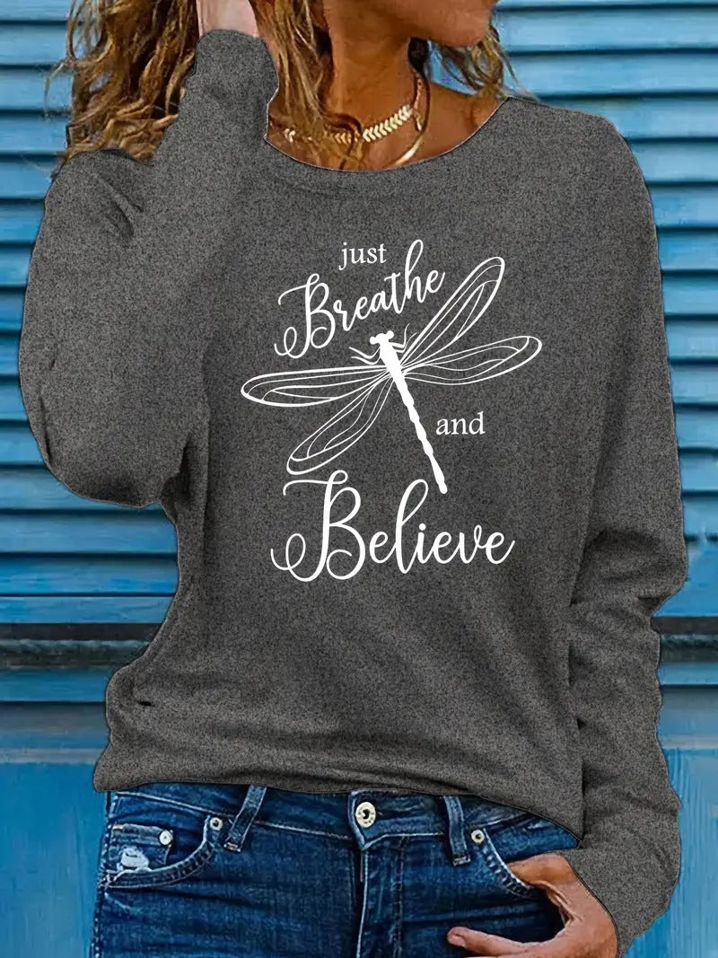 Women's Dragonfly Print Casual Long Sleeve Pullover Sweatshirt