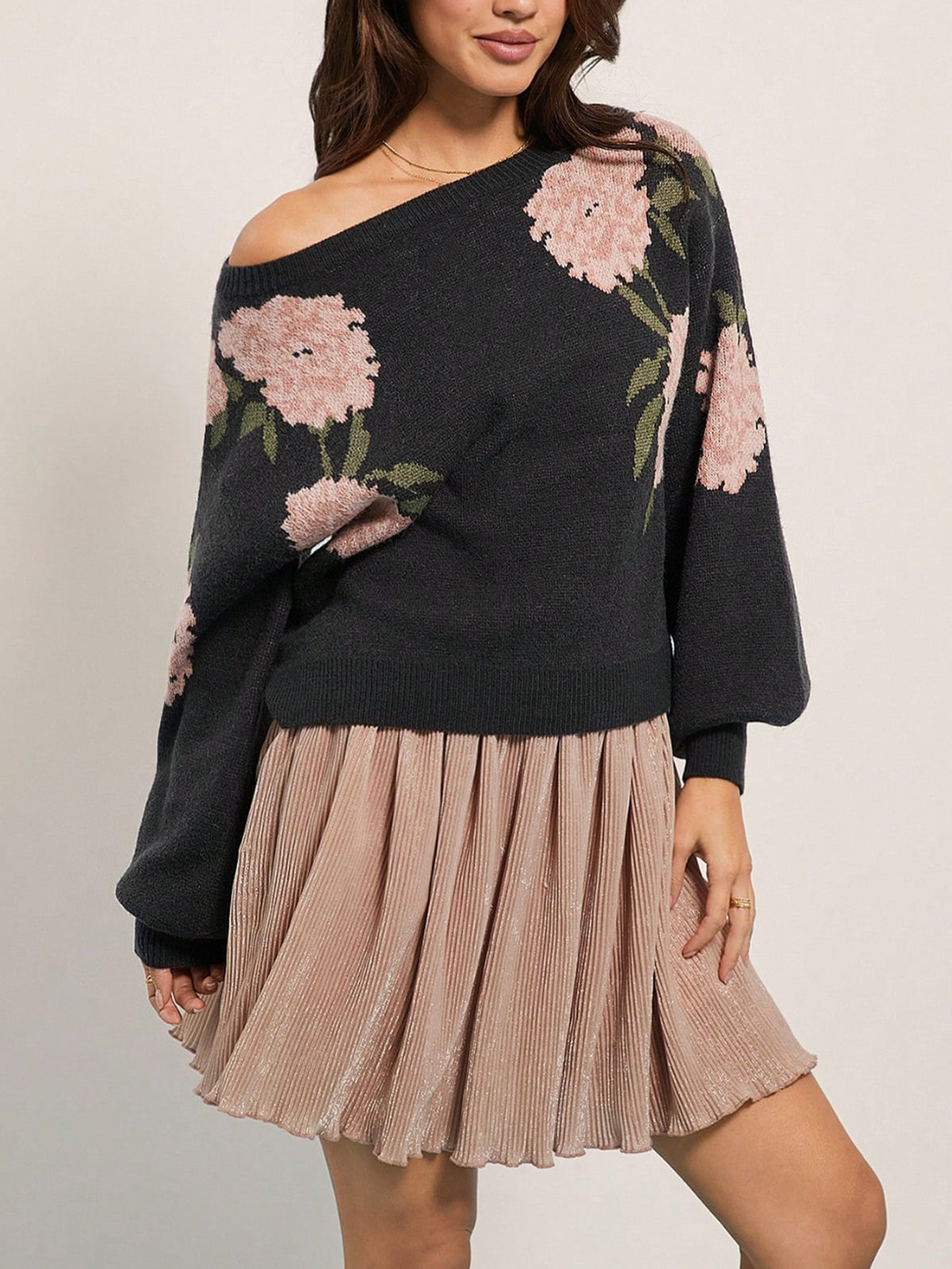 Women's Casual Loose Off Shoulder Flower Jacquard Pullover Sweater