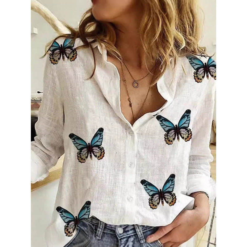 Women's 3d Printed Polka Dot Butterfly Long Sleeve Turn-down Collar Casual Shirt