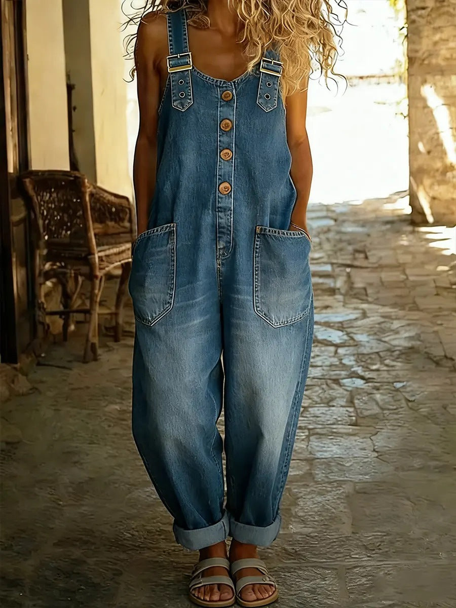 Fashionable Retro Distressed Loose Womens Casual Denim Jumpsuit