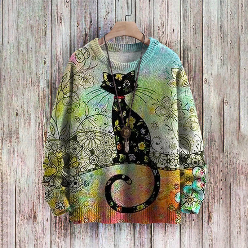 Chic Abstract Print Drop-Shoulder Casual Women's Sweater