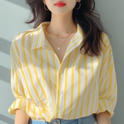 Yellow And White Vertical Striped Shirt For Women Sun Protection By The Sea