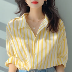 Yellow And White Vertical Striped Shirt For Women Sun Protection By The Sea