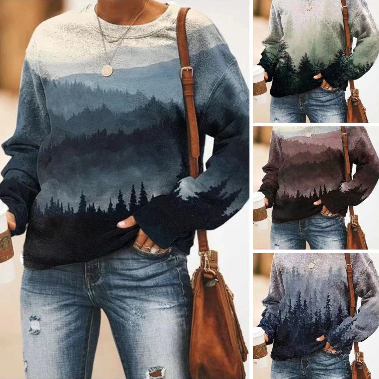 Floral Landscape Print Long Sleeve Pullover Sweatshirt