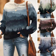 Floral Landscape Print Long Sleeve Pullover Sweatshirt