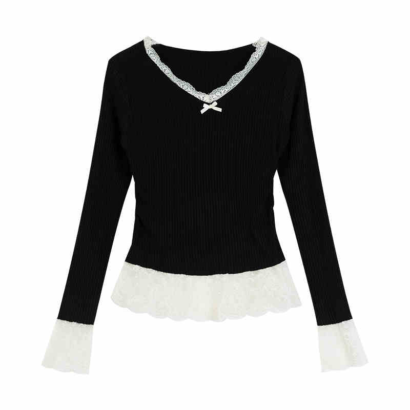 Fake Two Pieces V-neck Stitching Lace Lace Knitwear