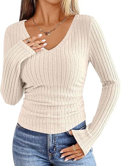 Versatile Solid-color V-neck Fashion Slim-fit Long-sleeve Ribbed Sweater