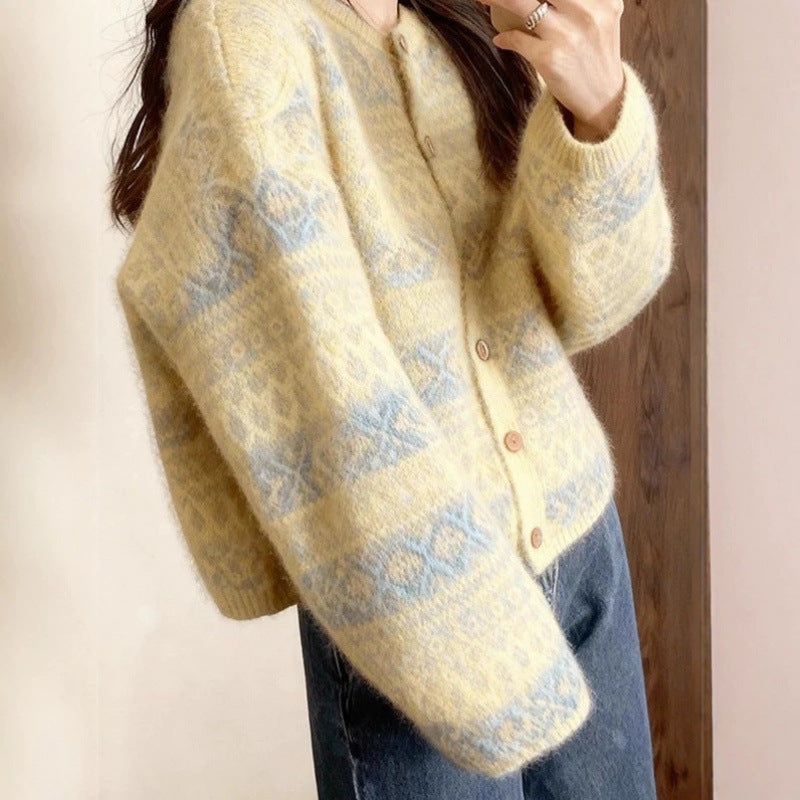 Jacquard Sweater Knitted Cardigan Coatlaid-back Uniquely Ethnic-style Sweater