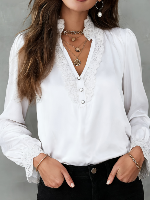 Satin Lace-trimmed V-neck Puff-sleeved Shirt