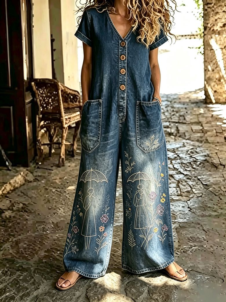Casual Denim Wide-Leg Short Sleeve Jumpsuit with Pockets