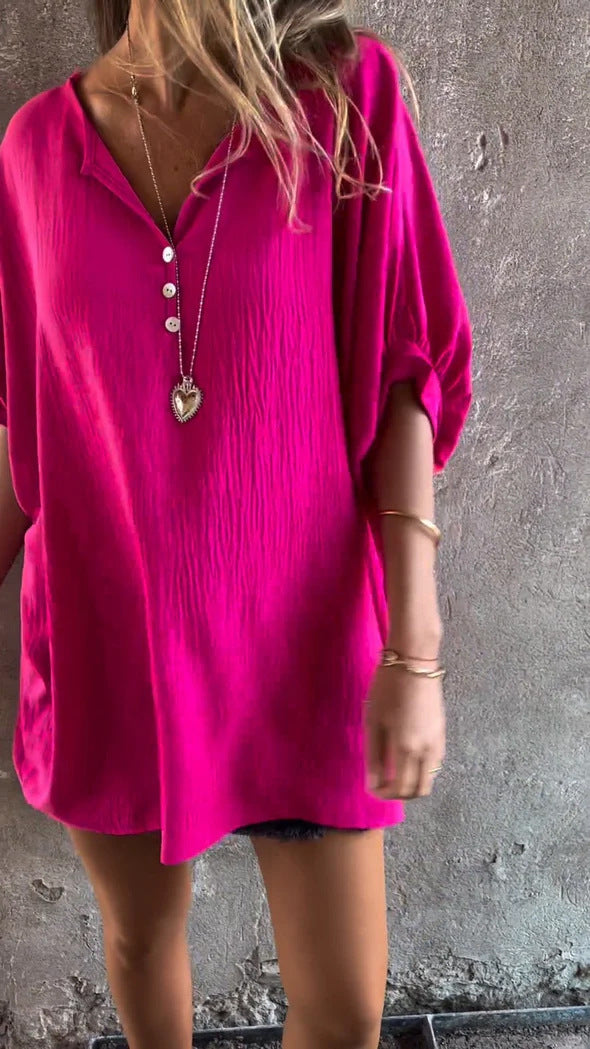 Casual Solid Color Collarless Button-Up Shirt