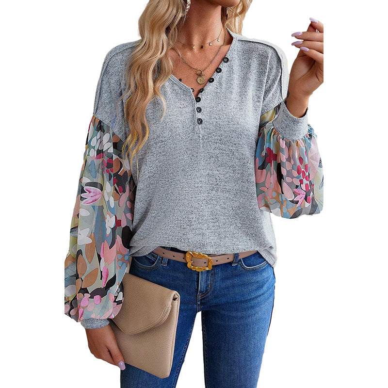 Floral Lantern Sleeve Casual Pullover Sweatshirt