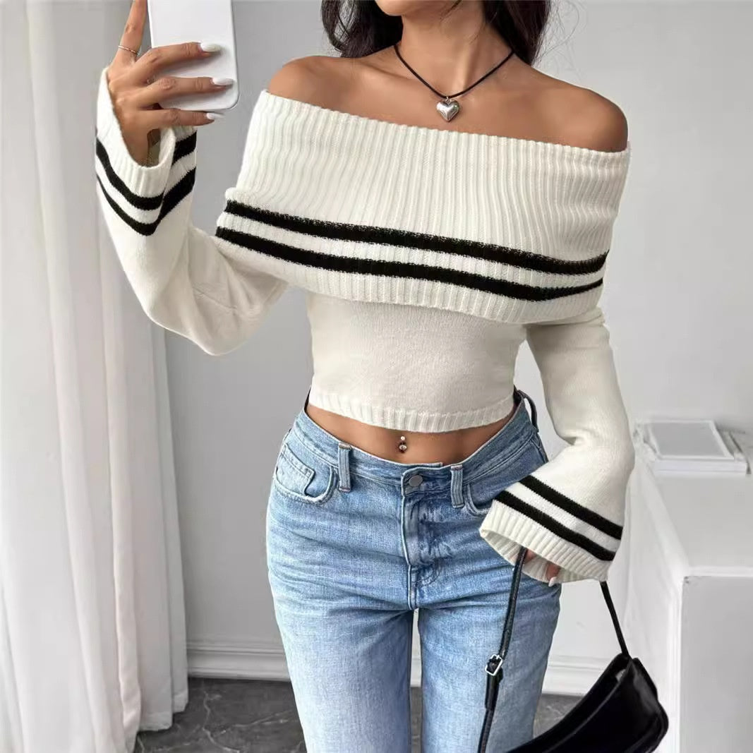 Women's Off-Shoulder Knit Crop Top with Bell Sleeves