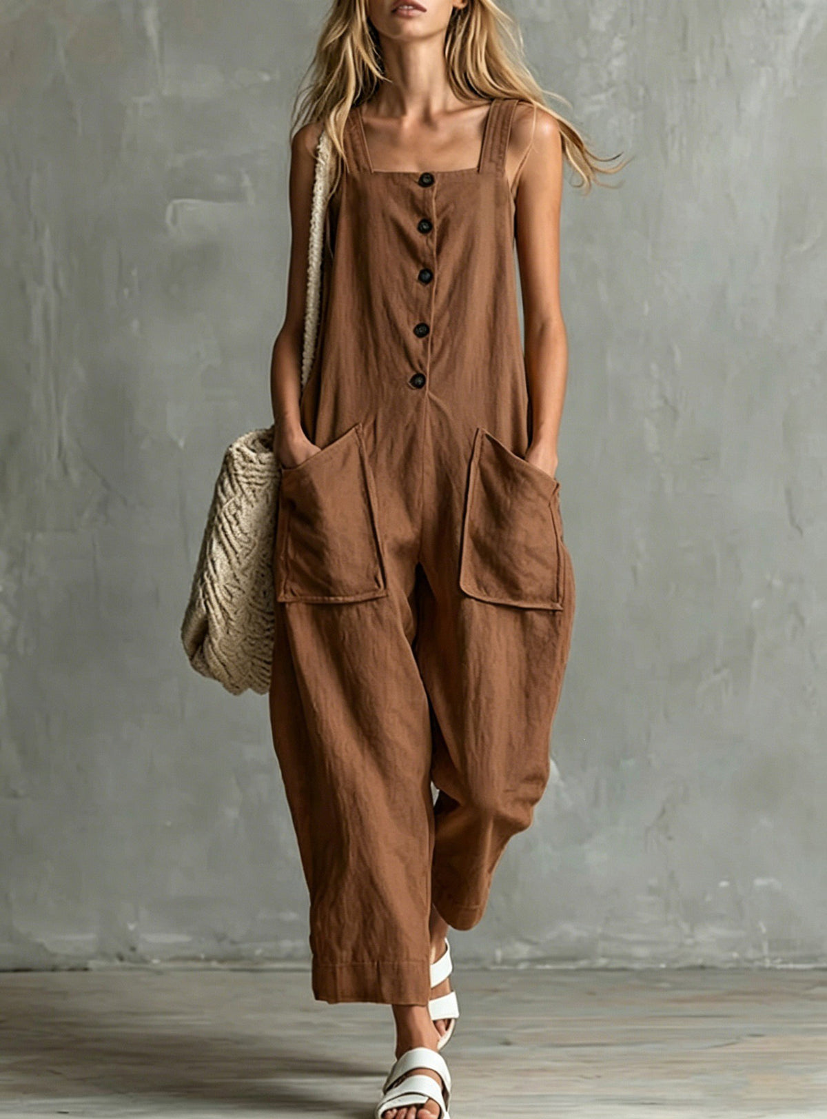 Wide-Leg Linen Overalls with Pockets