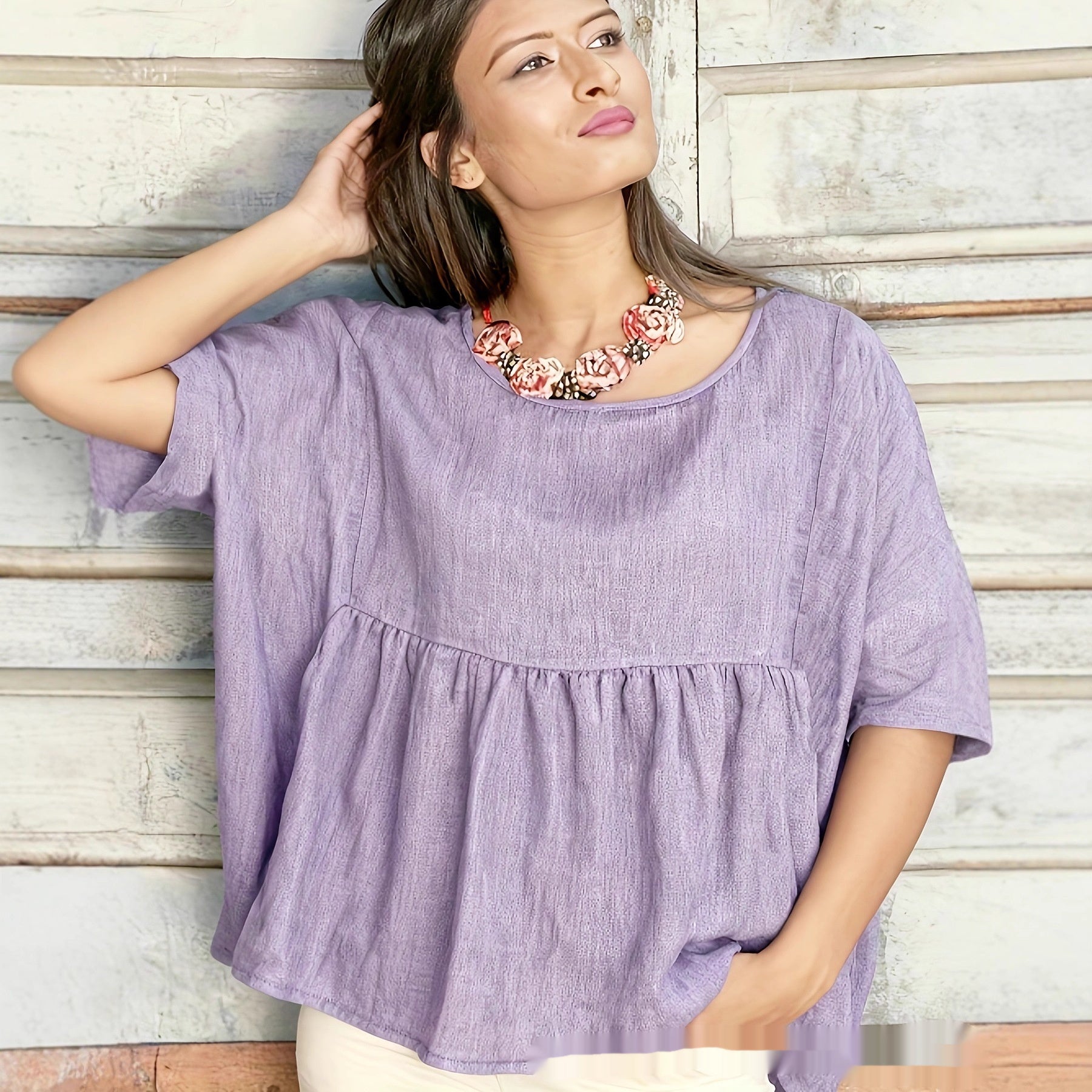 Light Purple Pleated Slimming Top – Relaxed Fit Short Sleeve