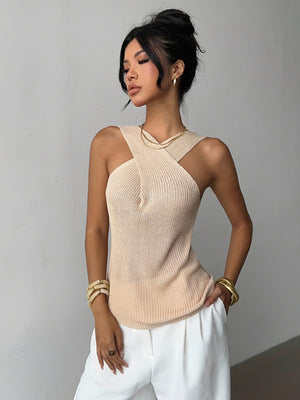 Sleeveless Pullover Cross-neck Vest Knitted Top
