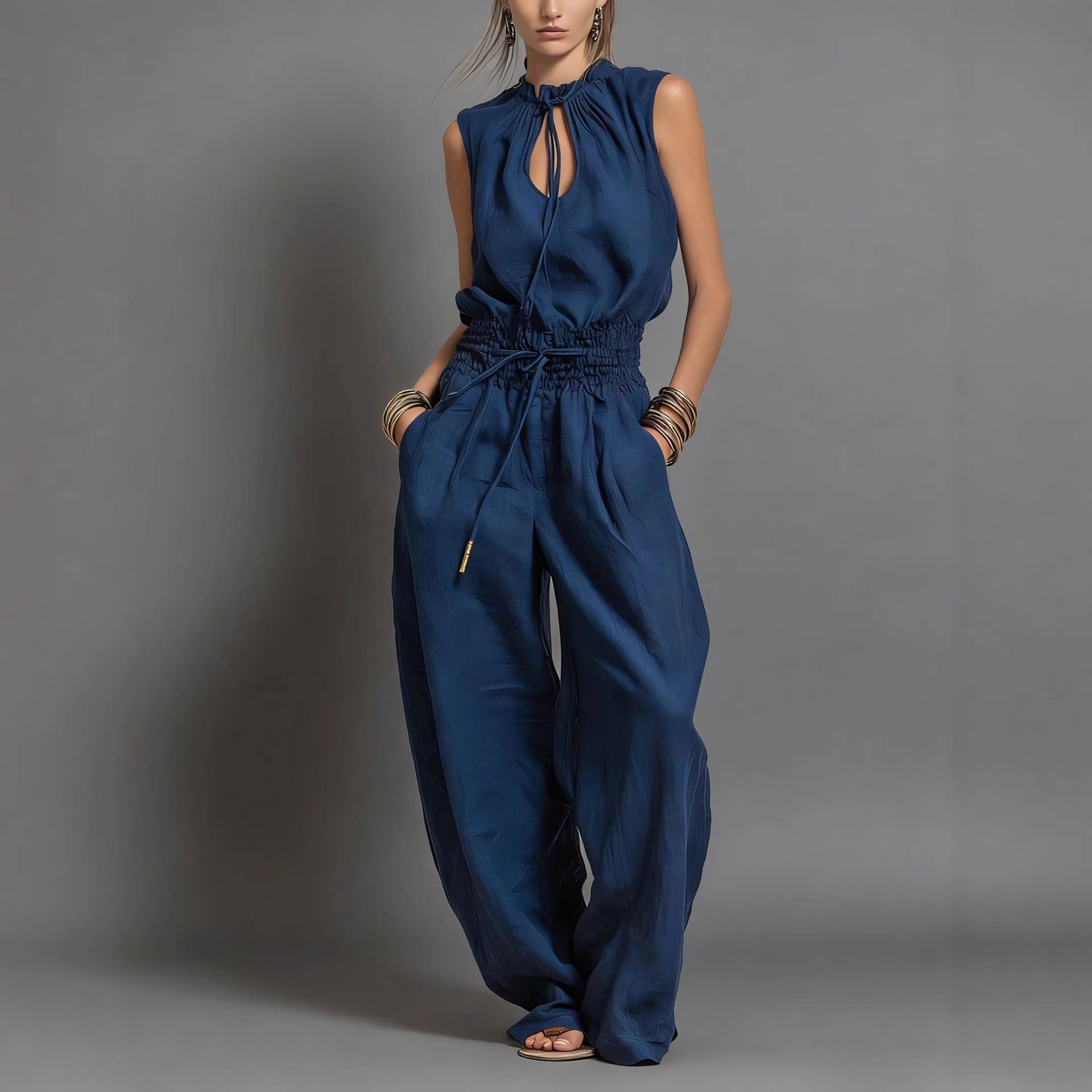 Personalized Street-style Loose-fitting Sleeveless Waist-cinching Wide-leg Jumpsuit