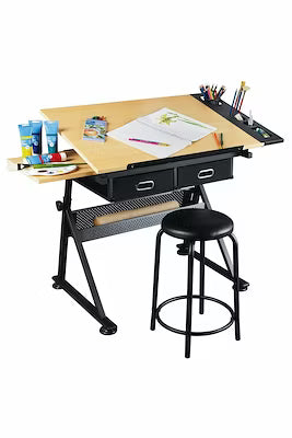 Adjustable design drawing desk with stool and storage