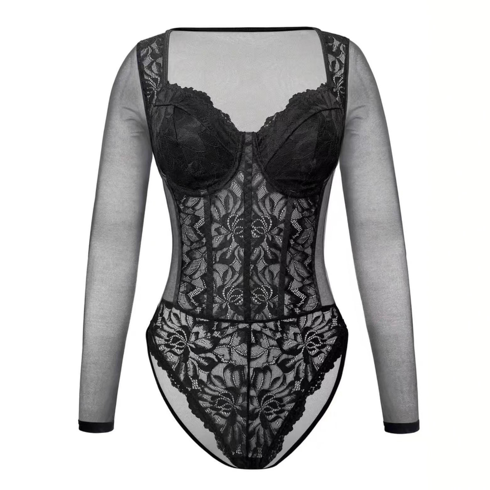 Sexy Sheer Lace Long-Sleeve Bodysuit