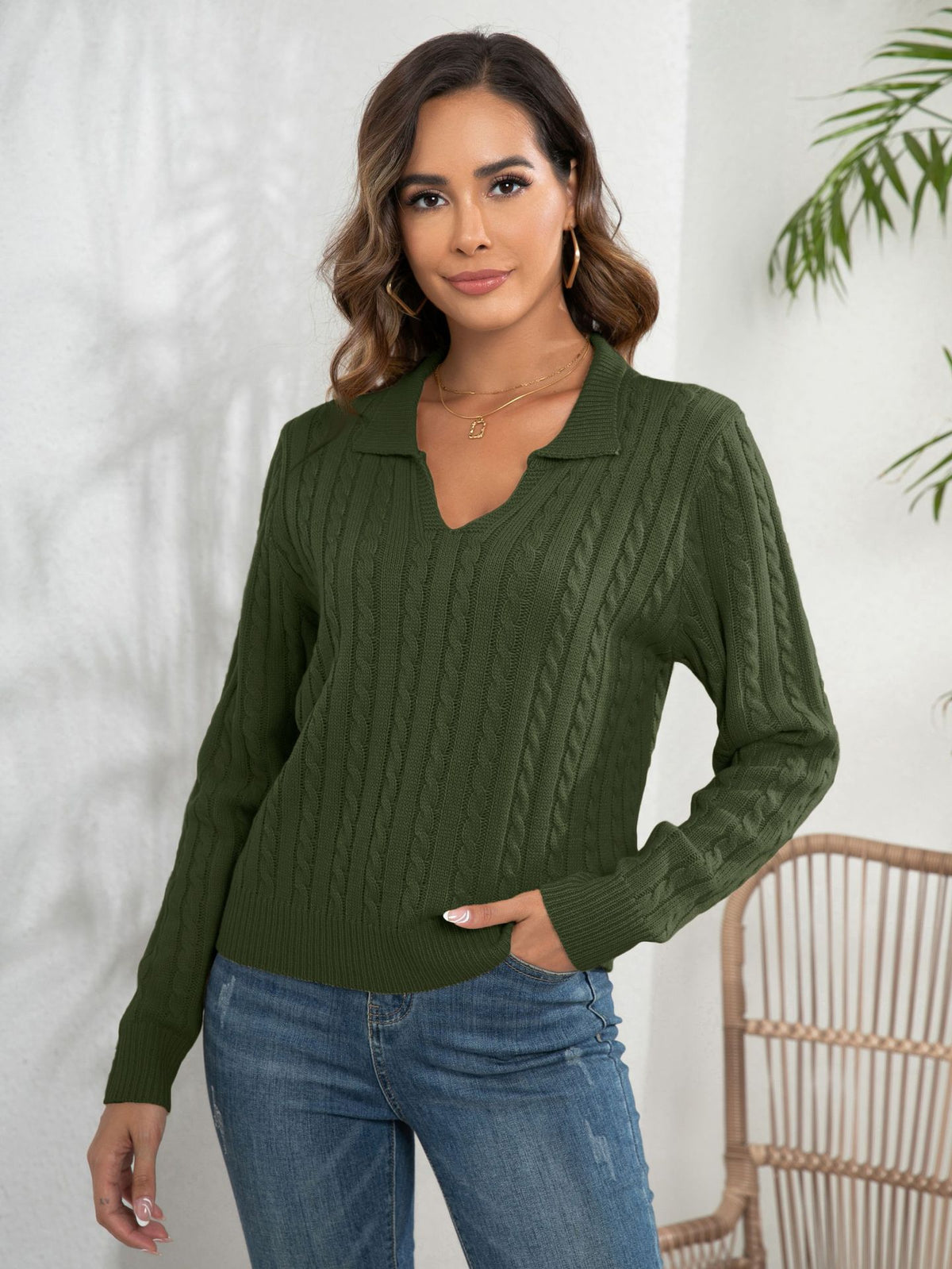 Women's Pullover Loose-fitting Long Sleeves Lapel Twist Sweater