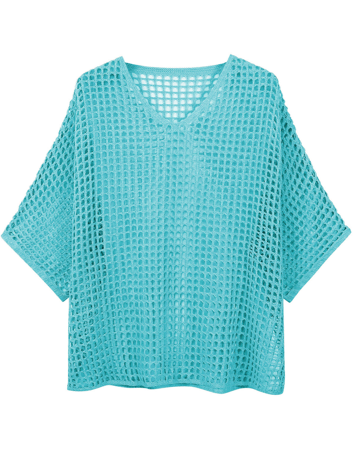 V Neck Hollow Out Knit Tunic Top Batwing Half Sleeve Loose Mesh Cover Up