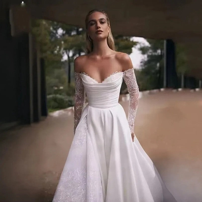 Elegant Off Shoulder Wedding Dress with Train Gown for Ceremony & Reception
