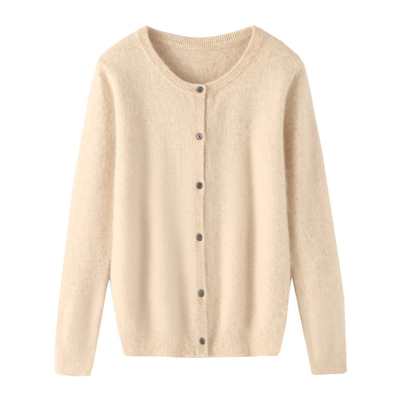 Womens Loose Button-up Solid-color Cropped Sweater with a Crew Neck