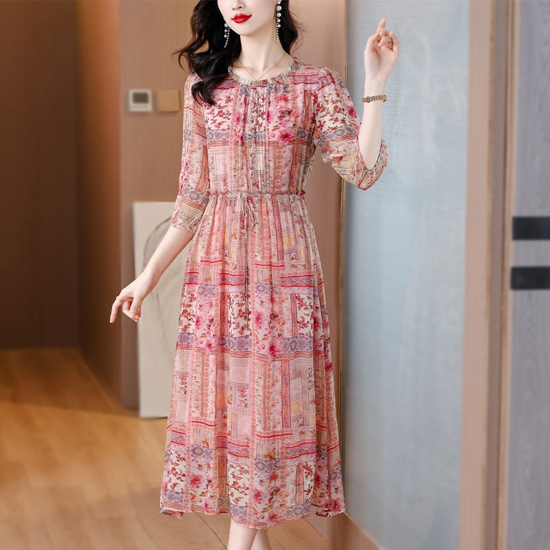 Floral Print Ruffled Silk Mid-Length Skirt