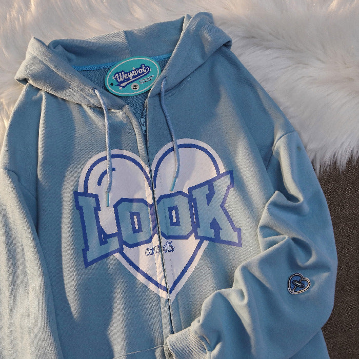 Polyester Fiber Hooded Sweater Students Korean Style Loose Design Couple Coat